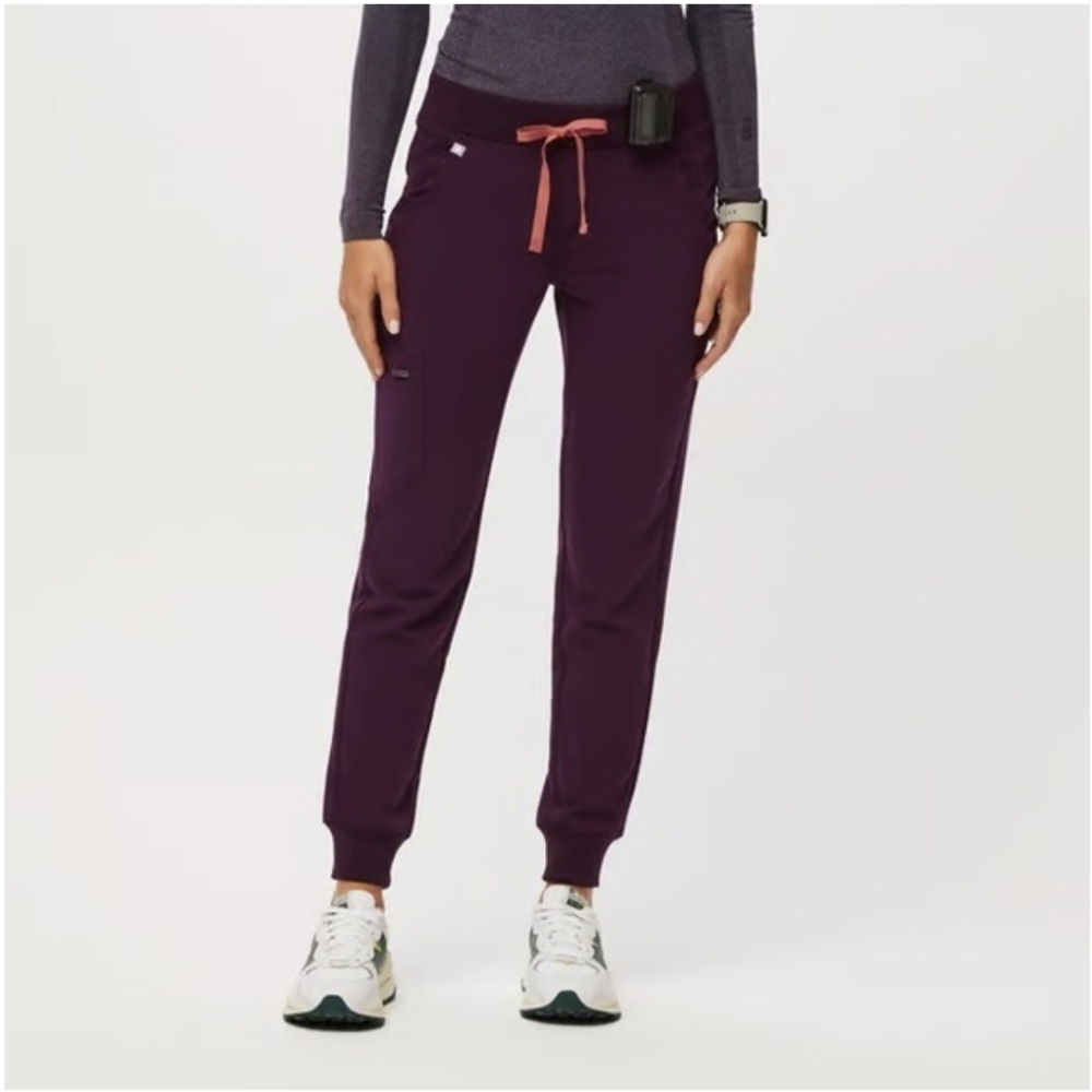 FIGS Women's Jogger Scrub Pants in Deep Plum with Pink Drawstring